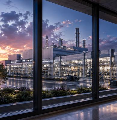 Vista ampla de uma instalação industrial moderna ao entardecer, com arquitetura contemporânea, iluminação técnica e áreas produtivas visíveis através de grandes fachadas envidraçadas. A imagem comunica capacidade tecnológica, escala industrial, organizaçã
